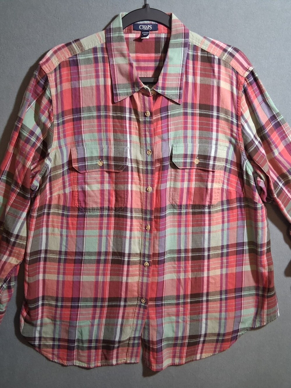 Chaps Denim Men's 2X Plaid Pointed Collar Button Pockets Lightweight Flannel